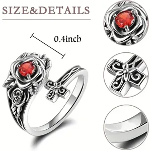 Vintage Silver Rose Red Zircon Cross Open Ring Victorian Style Finger Jewelry Detail