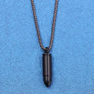 Stainless steel bullet pendant necklace for men, cool punk style black chain jewelry detail.
