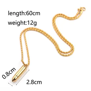 Detail shot of the stainless steel gold bullet pendant necklace with 60cm chain length.