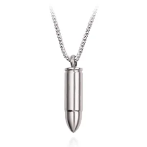 Men's stainless steel bullet pendant necklace detail view, cool punk style jewelry piece.