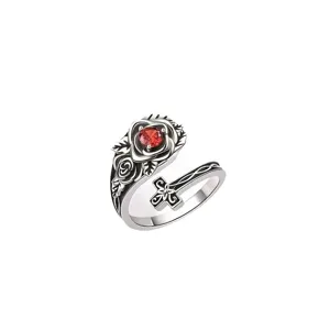 Vintage silver rose ring with red stone and cross design, retro Victorian style open ring.