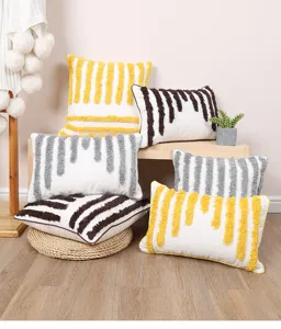 Nordic style tufted decorative pillow detail view, geometric stripe cushion for sofa.