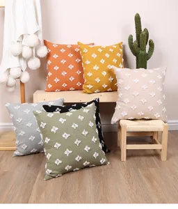 Cotton linen throw pillow cover tufted decorative square cushion case for living room sofa bed
