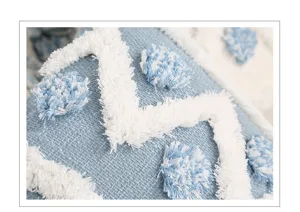 Close-up detail of blue and white geometric tufted throw pillow, soft textured fabric.