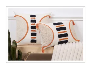 Moroccan tassels geometric tufted pillow cover for living room sofa soft decoration.