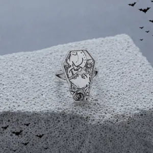 Vintage goth coffin ring with skull and rose engraving, punk style Halloween jewelry for party.
