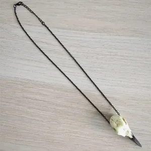 Collana con ciondolo teschio di corvo gotico con design in resina di osso d'uccello su catena nera.