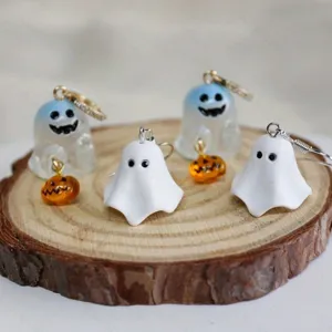Cute Halloween ghost pumpkin earrings set, translucent and white ghost charm drops for party.