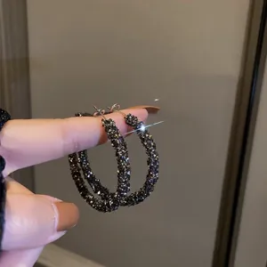 Fashion full diamond large hoop earrings, elegant dark crystal ring jewelry for women.
