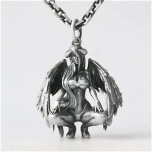 Vintage silver anime character pendant necklace with detailed wings and chain for daily wear style