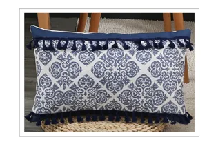 Blue and white geometric jacquard throw pillow cover with tassels for sofa living room decor