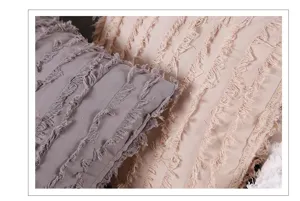 Fringed cushion cover detail, textured decorative pillow case for modern home sofa decor.