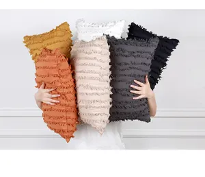 Colorful fringe cushion cover set, minimalist textured pillow case for sofa and home decor.
