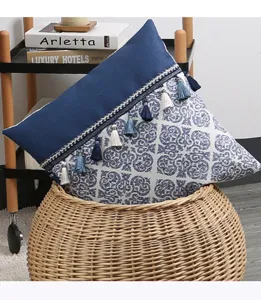 Chinese style blue and white porcelain geometric jacquard tassel pillow cover for living room sofa.