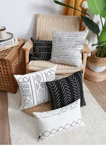 Black and white geometric pattern linen cushion covers, modern nordic throw pillow cases.