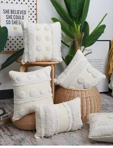 Bohemian tufted throw pillow cotton linen cushion cover for sofa living room decor detail