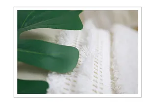 Close-up detail of white boho tufted throw pillow cover with elegant fringe texture.