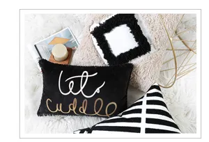 Moroccan tufted throw pillow cover with embroidery, bohemian black and white couch cushion.