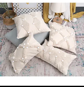 Nordisch boho getufteter pompon kissenbezug, creme weiße geometrische kissenhülle für deko.