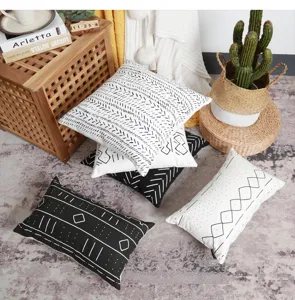 Cotton linen geometric throw pillow cover black and white printed sofa cushion case detail.