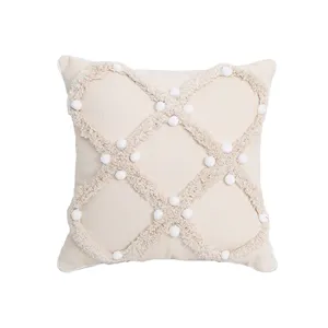 Nordischer Stil Getufteter Kissenbezug Baumwolle Leinen Geometrischer Pompon Kissenhülle Für Sofa Bett Heimdekoration