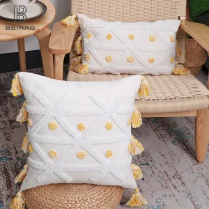 Nordic Tufted Throw Pillow Cover Geometric Dot Linen Blend Cushion Cover with Tassels for Sofa Home Decor