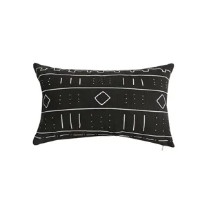 Geometric pattern black cotton linen lumbar pillow cover for sofa office cushion main view