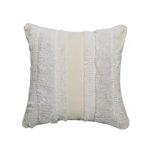 Boho bohemian tufted cushion cover cream white cotton linen decorative throw pillow case