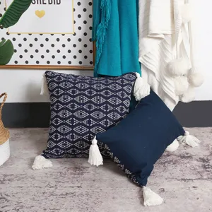 Bohemian woven cushion cover with tassels, dark blue geometric jacquard pillowcase sofa decor