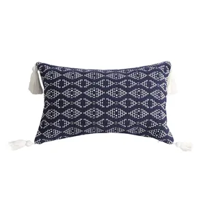 Bohemian woven throw pillow cover with tassels, navy blue geometric couch cushion.