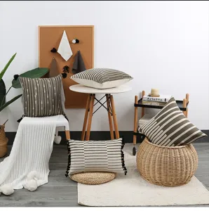Farmhouse striped throw pillow covers with tassels, modern minimalist cushion cases for sofa bed.