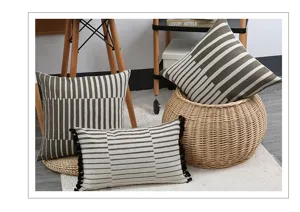 Farmhouse striped cushion cover with tassels, modern minimalist sofa throw pillow case.