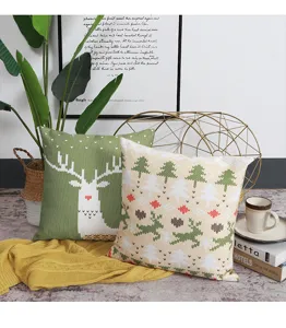 Christmas decorative cotton linen pillow cover with cute deer and tree pattern for holiday home decor.