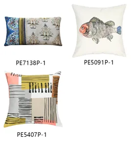 Dekorative Kissenbezüge Set mit ethnischem Blumenmuster, Fischillustration und geometrischem Print.