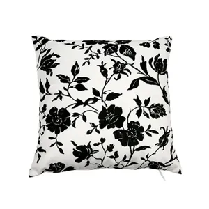 Black and white floral print cushion cover, Nordic botanical throw pillow for sofa.