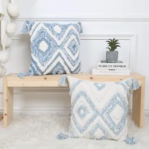 Nordic blue geometric tufted throw pillow with corner tassels for sofa living room home decor