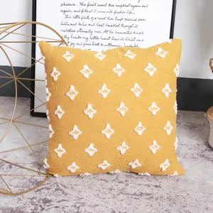 Yellow cotton linen pillowcase with white tufted diamond pattern for living room sofa home decor.
