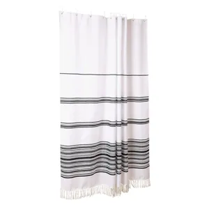 Modern minimalist white shower curtain with black stripes and bottom tassels for bathroom