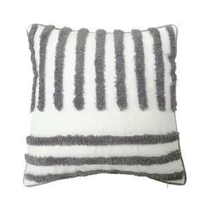 Modern Nordic style throw pillow with grey tufted striped pattern, square sofa cushion cover.