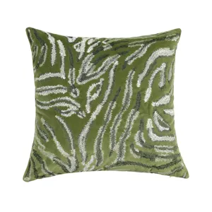 Green embroidered throw pillow cover, luxury abstract animal pattern velvet cushion cover for home.
