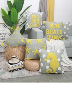 Nordic marine style throw pillow cover set with tufted sea star seahorse and letter designs.