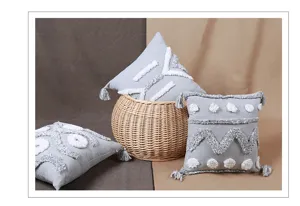 Bohemian tufted μαξιλαροθήκη γκρι βαμβακερή κεντημένη διακοσμητικό μαξιλάρι καναπέ