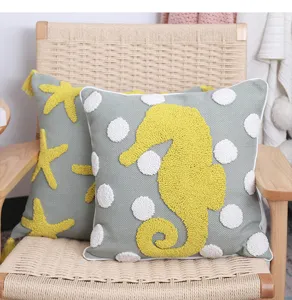 Nordic ocean style tufted seahorse throw pillow cover, detailed plush cushion case for home sofa