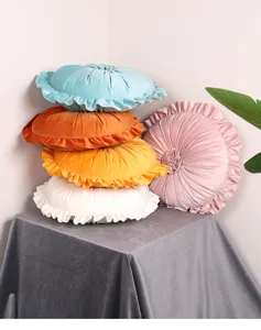 Round pleated velvet decorative pillow with ruffled edge for modern sofa and bed comfort.