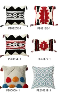 Tufted throw pillow cover with geometric pattern and tassels, boho couch cushion case.
