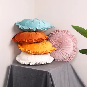 European Style Round Floral Throw Pillow Luxury Velvet Dirty Orange Ruffled Sofa Cushion Home Bedroom Bedside Pillow