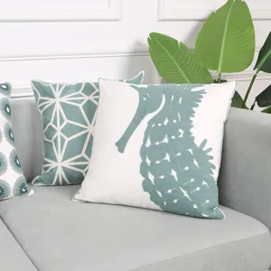 Cotton embroidered throw pillow with seahorse design, perfect for sofa and office decor.