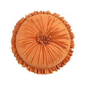 Orange velvet round throw pillow with ruffled edge, stylish decorative cushion for sofa bed home.