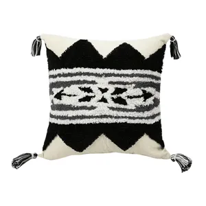 Geometric Tufted Throw Pillow Cover Polyester Tassel Fringe Embroidery Square Pillowcase For Sofa Living Room Home Decor