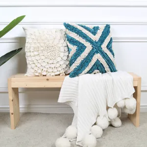 Modern 3D floral throw pillow and fringe cushion set with pom pom knit blanket for sofa decor